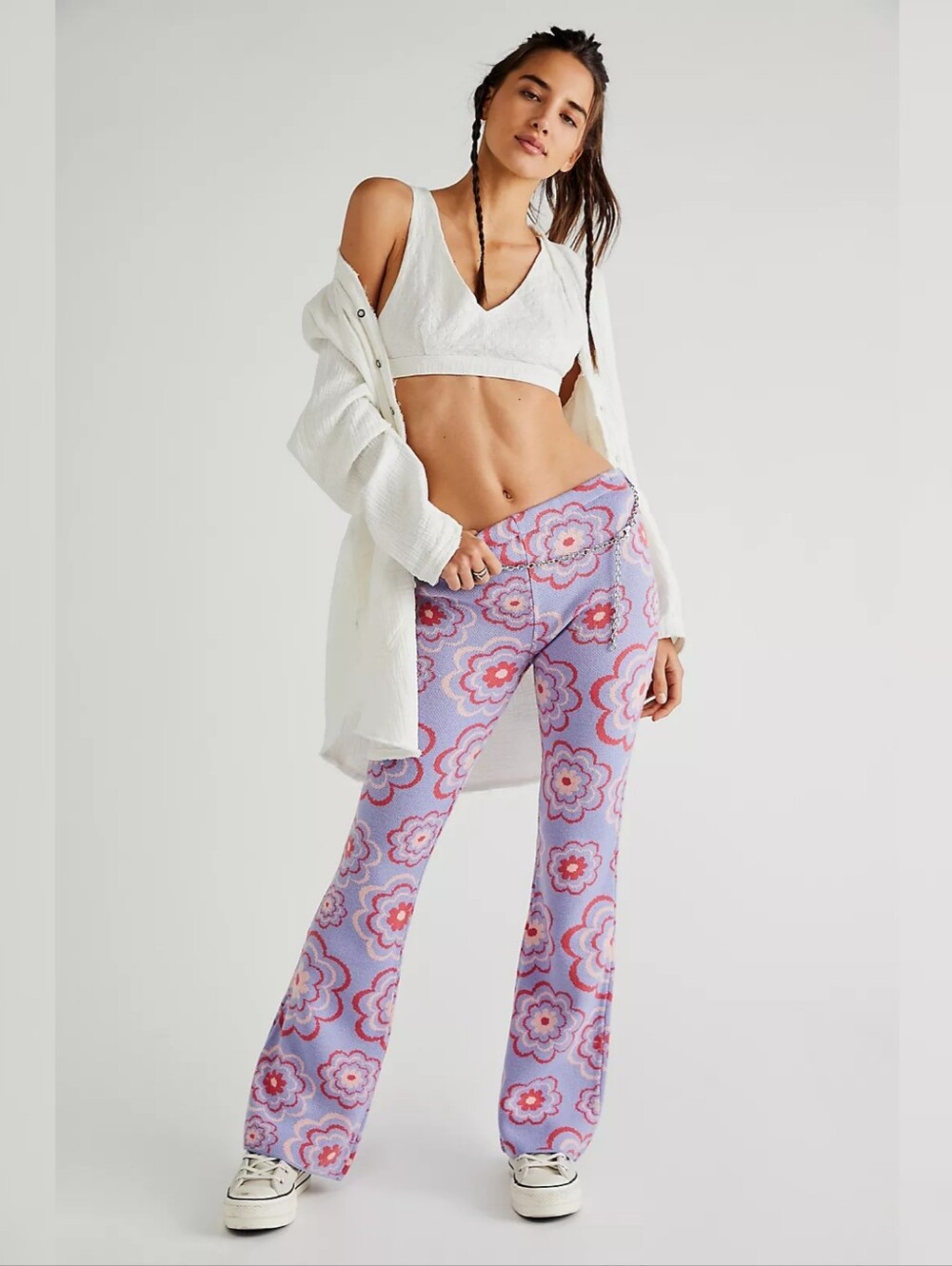 The Ragged Priest Power Flares Lavender Floral Knit With‎ Chain Belt Women's XL